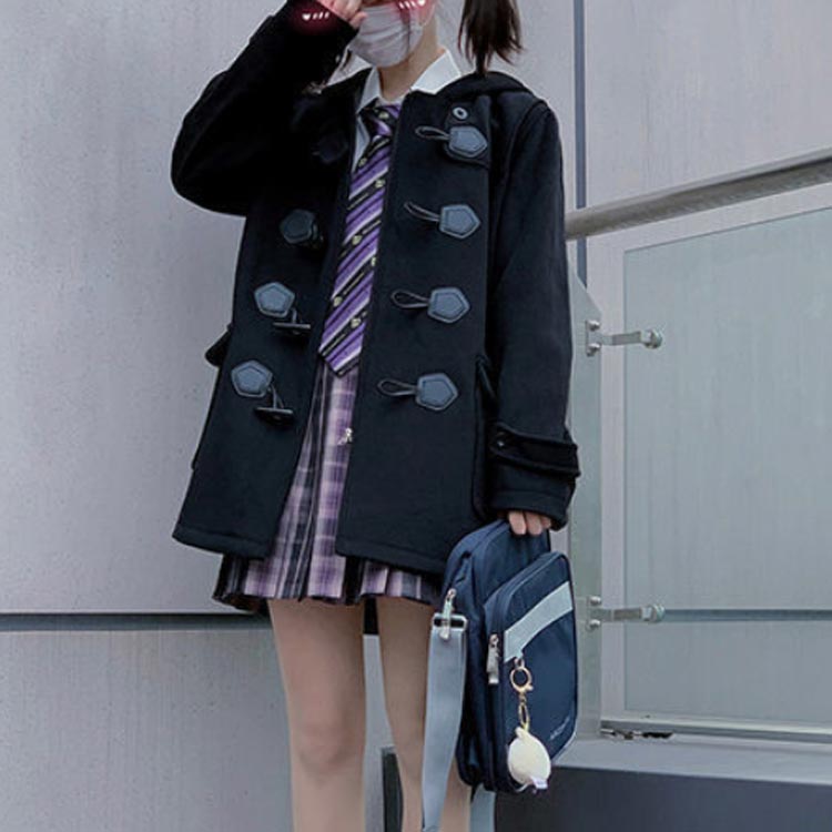通学 制服 秋冬 ダッフルコート 女子 アウター JK制服 フード付き 学生 ロングコート レディース スクールコート 中学生 高校生 ピーコート コート セミロング丈 あったか 女の子 フード付きアウター ミディアム丈 秋冬コート 暖かい 保温 防寒 学校 無地