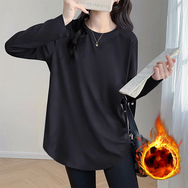微起毛 長袖 tシャツ レディース カットソー クルーネック チュニック丈 秋冬 ロンt トップス 大きいサイズ 肌着 レイヤード 重ね着 ゆったり お尻が隠れる 無地 シンプル カジュアル taruba-0831-10004747 タルバーショップ サンプル画像3