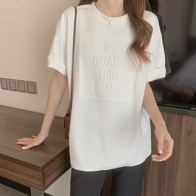 ティーシャツ 立体 3D 半袖 エンボス加工 プルオーバー カットソー Tシャツ デコボコ 英字 ロゴ クルーネック 重ね着 トップス Tシャツ リラックス 春夏 おしゃれ 体型カバー カジュアル 通勤 韓国ファッション 春夏 taruba-0831-10005185 タルバーショップ サンプル画像2
