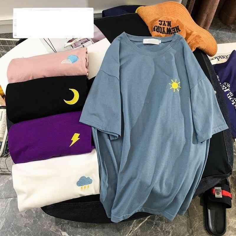 乐天商城 - トップス 晴れ トップス 天気 女性 クルーネック レディース 半袖 カットソー プリント入り Tシャツ 曇り 雷 月 三日月 稲妻