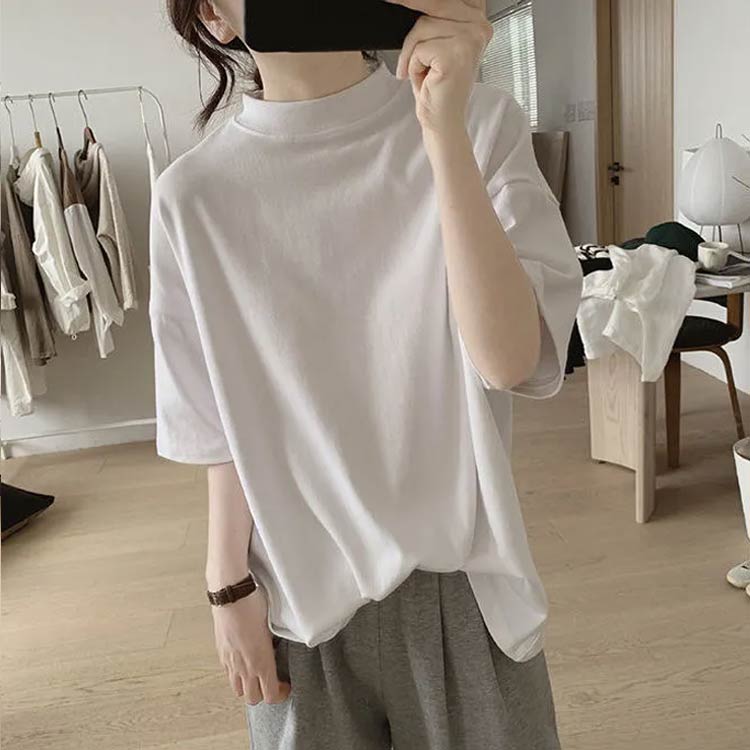 ハイネック 5分袖 レディース カットソー Tシャツ プチハイネック 半袖 tシャツ カットソー ドロップショルダー トップス 綿 夏 モックネック ゆったり 体型カバー 着瘦せ 大きいサイズ 無地 シンプル 通勤 薄手 大人 女性 送料無料 tasu1shop-10009065 タスイチショップ サンプル画像3