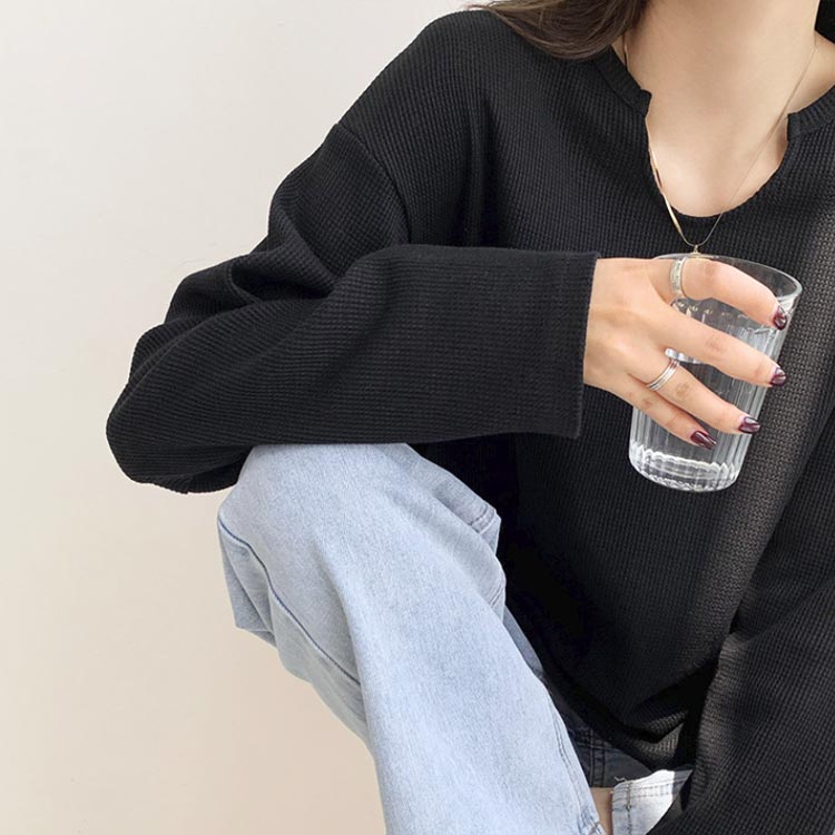 レディース Vネック 2枚セット オーバーサイズ Tシャツ トップス カットソー 無地 ゆったり 長袖tシャツ ボリューム袖 シンプル カジュアル ワッフル生地 ロンT 体型カバー 着痩せ 2枚セット 春 秋 秋服 冬服 tasu1shop-10009231 タスイチショップ サンプル画像2
