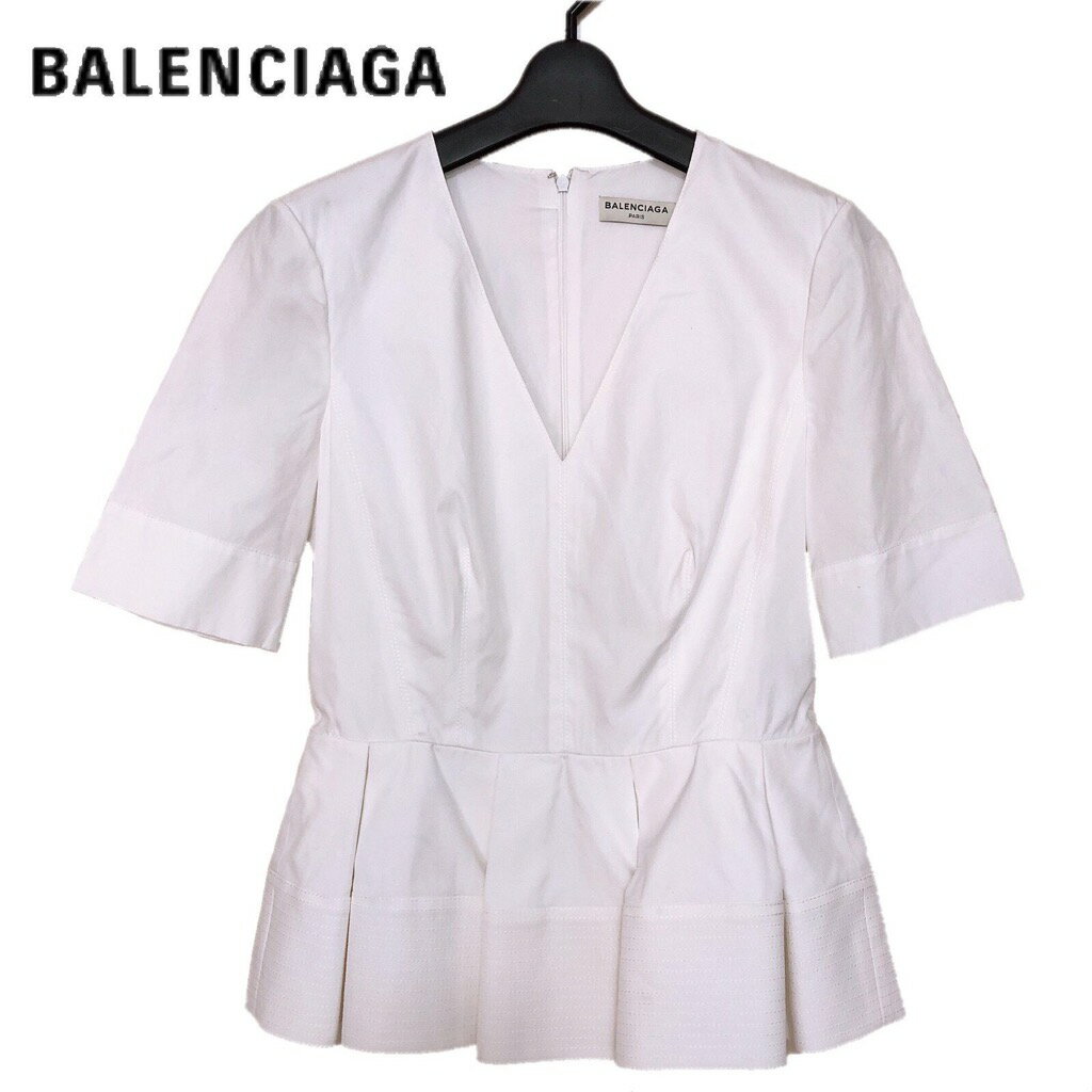 【新品】確実正規品 BALENCIAGA バレンシアガ ペプラム ショート ホワイト Vネック トップス ホワイト 白 レディース 38 M
