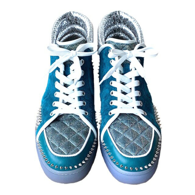 【美品】 Christian Louboutin クリスチャン ルブタン ハイカット スニーカー シューズ エメラルド シルバー メタル ラメ スタッズ メンズ 26.5cm 中古 正規品