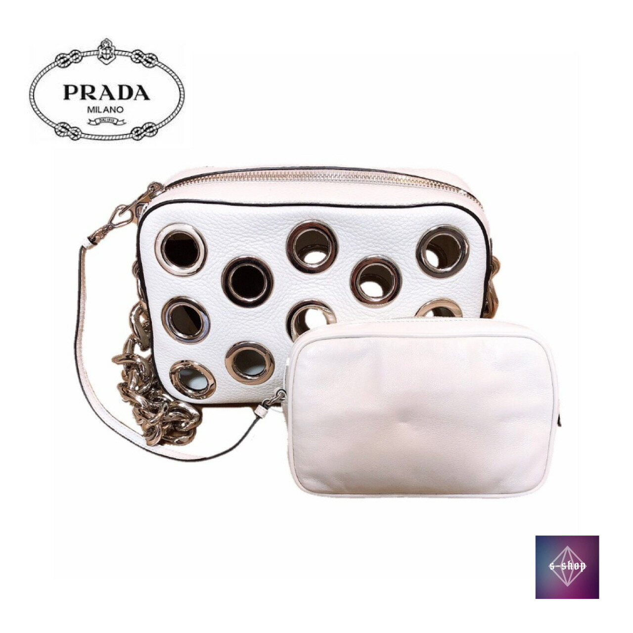 プラダ ハンドバッグ（レディース） 【新品】PRADA Grommet Punching Chain Hand bag 1 BA 028 Leather Whiteプラダ バッグ パンチングチェーン ハンドバッグ ホワイト レディース 正規品