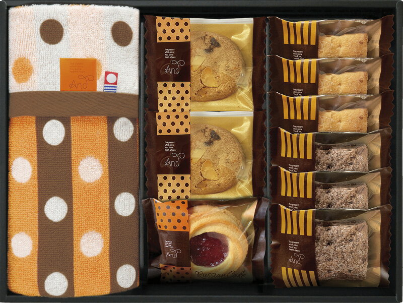 フード 洋菓子＋タオルギフト アンドスイーツ&今治タオル詰合せBOX 【北海道から沖縄まで、日本全国送料無料】【おしゃれ】【かわいい】【スクエアパイ】【ロシアケーキ】【クッキー】【タオル】【進物用】【今治タオル】【アンドスイーツ】【代引不可】のサムネイル