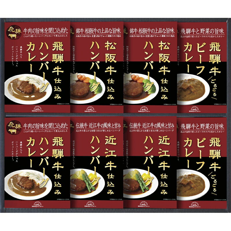 【セット内容】飛騨牛ビーフカレー・飛騨牛入りハンバーグカレー（各190g）・松阪牛仕込みハンバーグ・近江牛仕込みハンバーグ（各150g）×各2【箱サイズ】40×41×6cm【賞味期間】常温1年【アレルゲン】乳・小麦 大切な人の心豊かな日々を願い感謝の気持ちを込めて贈る。 離れていても大切にしたい心のつながり―うれしい時、悲しい時、人生の節目に寄り添い、支えてくれるあの人へ。言葉だけでは伝えきれない感謝の気持ちを込めて贈った一品が、あの方らしい日々を彩り、暮らしを豊かなものにしてくれますように。飛騨高山ファクトリー　今日まで培われた昔ながらの味と、多様化する現代の食生活にあった味をお届けします。松阪牛・近江牛の上質な脂と旨みを楽しめるハンバーグに、飛騨牛のコクと旨みを閉じ込めてじっくり煮込んだカレーと、飛騨牛入りハンバーグカレーのボリューム感たっぷりのギフトです。誰もが大好きなハンバーグとカレーのセット。ブランド牛の上質な肉の脂と旨みを楽しめるボリューム感たっぷりのギフトです。どれをとっても重宝する逸品を詰め合わせました。賑やかな食卓のシーンを簡単に楽しめます。手土産やギフト、おウチで召し上がるにもおすすめです。バラエティー豊かなギフトなので幅広い年代の方に召し上がって頂けます。【商品に関するご注意】ラッピング・熨斗は行っておりません。商品欠品時は、お届けにお日にちを頂く場合がございます。その際は、改めてご連絡致します。商品は、商品に貼付の取扱説明書に添ってご利用下さい。メーカー受注品の為、商品の仕様や価格等につきましては、予告なく変更される場合があります。また、メーカーにて廃番や完売の時は、誠に勝手ながら、ご注文をキャンセルとさせて頂く事がございます。ご了承下さい。お使いのブラウザやモニターによっては、実際のお色と若干異なる事がございます。