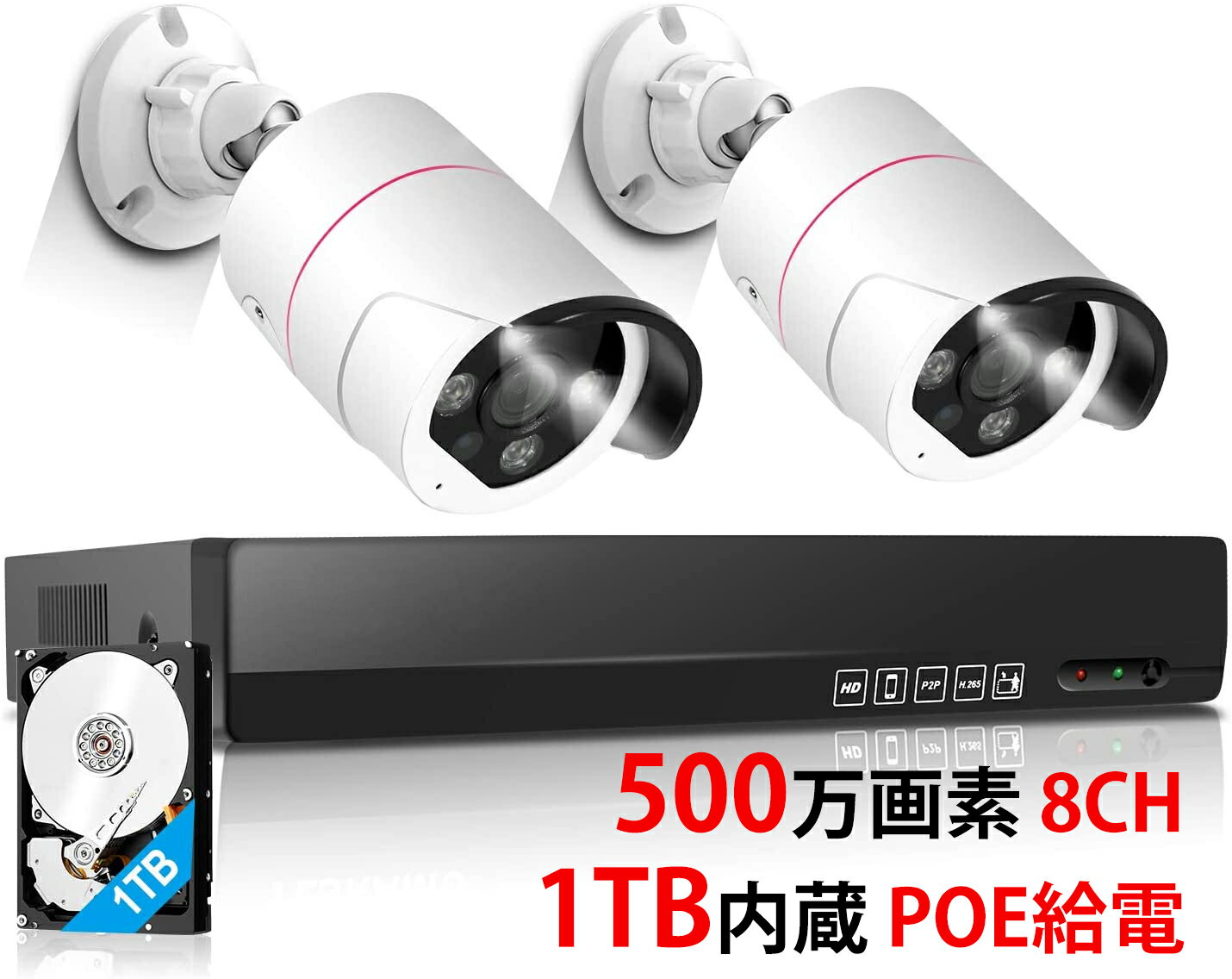 500万画素 防犯カメラ 2台 1TB HDD内蔵 