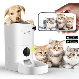 自動給餌器猫犬カメラ付き赤外線遠隔操作自動餌やり機iOS/Android対応手動給餌可能スマホ連動タイマー式WIFI接続電池コンセント給電可日本語対応アプリ日本語メールサポート対応4L大容量1日8食まで暗視可能録音可動画記録録画機能付お留守番ホワイト