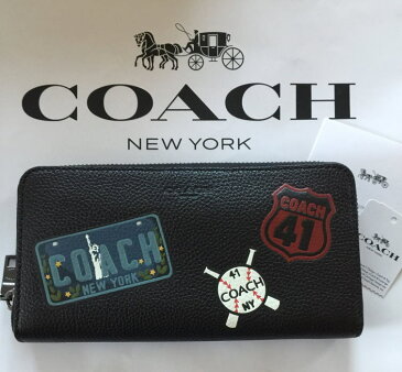 【日本在庫・即発送】 COACH コーチ メンズ　カーフ レザー ブラック長財布 野球・自由の女神 　F24657