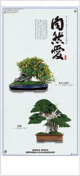 盆栽の名品、自然を愛でる日本の伝統芸術、盆栽の名品集。大判サイズの縦長カレンダーです。12ヵ月タイプなので毎月季節の盆栽でお楽しみいただけます。環境に優しい紙素材のヘッダーです。 （金具不使用） ●自然愛　盆栽　カレンダー【商品詳細】 ・サイズ：77.5×35cm ・用紙：マットコート紙 ・仕様：12ヵ月タイプ　13枚 ●ご注文前にお読みください ※カレンダー以外の商品との同梱包はできません。(カレンダー同士は違う種類でもすべて同梱包で発送します。) ※宅配便(佐川急便またはヤマト運輸)での発送となります。 ※カレンダーは包装紙でのギフト用ラッピング不可商品となります。販促用等で複数ご購入の際はカレンダー用ビニール袋をお付け致します。 ※ご注文が集中しますと発送までに通常よりお時間がかかってしまうことが稀にございますので、お急ぎの方は注文フォームのご要望欄にご記入ください。 ●2024年カレンダーをお買い得価格で多数出品中です！ 風景・花カレンダーはこちらもご覧ください 2024年カレンダーはこちらもご覧ください