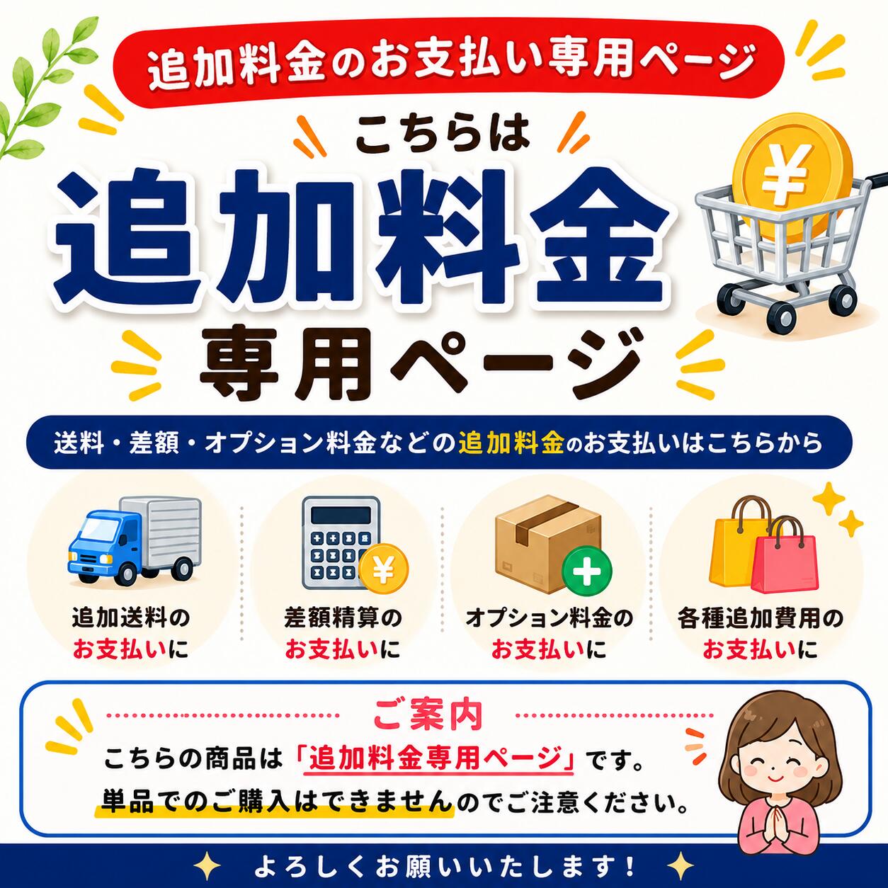 追加料金専用ページ 追加送料 差額精算 オプション料金 不足金額 お支払い専用 当店ご案内のお客様専用