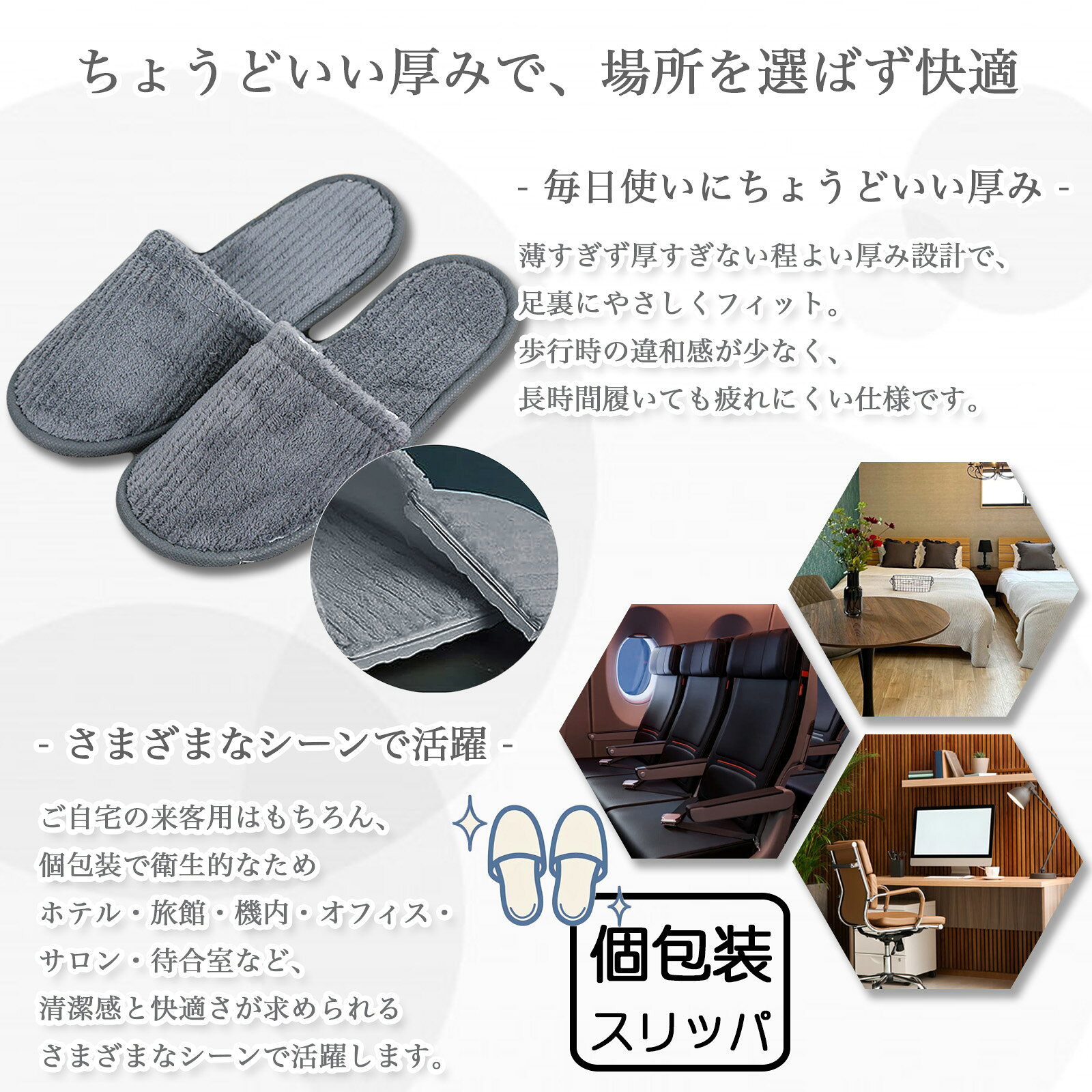 tuzuru楽天市場店の使い捨てスリッパ 2足セット 個包装 高級 ルームシューズ メンズ レディース 男女兼用 室内 来客用 業務用 柔らかい 携帯スリッパ イベント 携帯用 ホテル 民泊 民宿 旅行 防災 避難 サロン 室内履き グレー 前閉じ フリーサイズ おしゃれ まとめ買い 送料無料｜アングル3