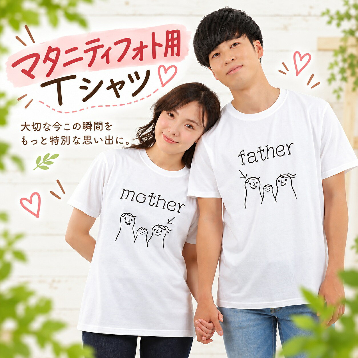 マタニティフォト用 Tシャツ 2枚セット ペアルック 服 ママ パパ mother father かわいい おしゃれ 半袖 白 家族 ベビーシャワー 妊婦 衣装 撮影用 セルフフォト 写真 シンプル メモリアル 成長記録 SNS映え インスタ映え フォトブック用 送料無料