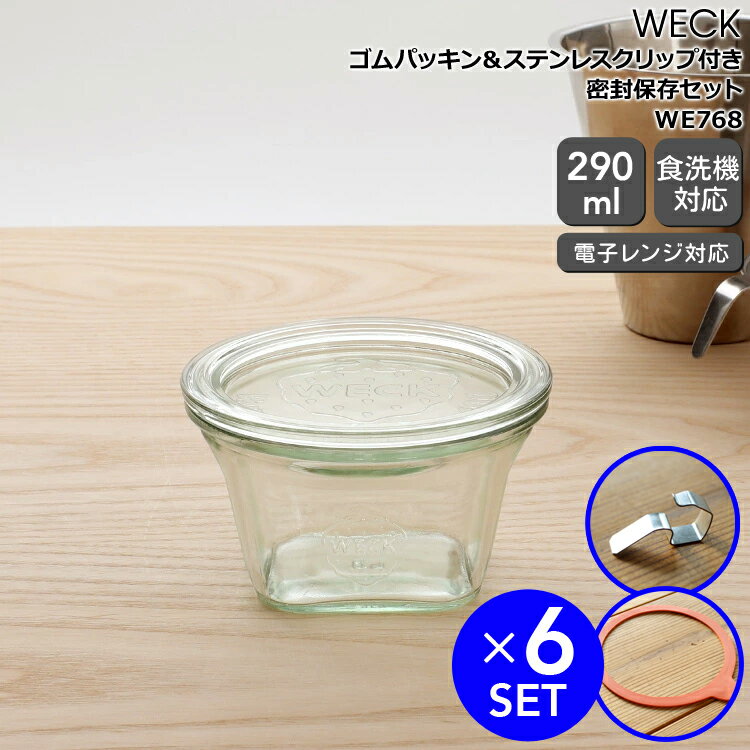商品番号WE768 内容モールドシェイプ WE768 ガラスキャニスター 290ml 直径Lサイズ ×6個 ゴムパッキン WE001 直径Lサイズ用×6枚 ステンレスクリップ WE004×12個 材質ガラス(キャニスター)、天然ゴム(パッキ...