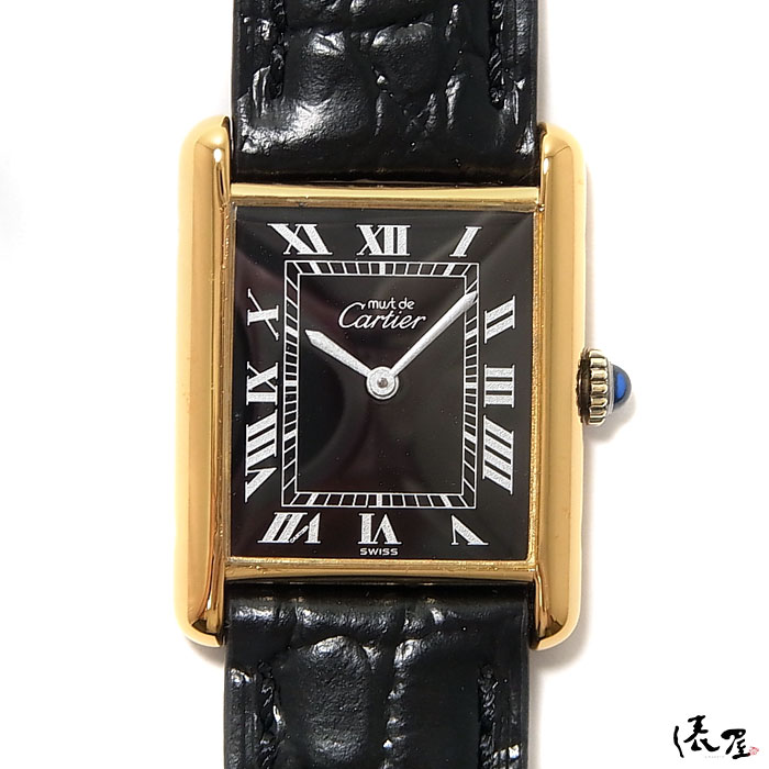 【コンプリート済】 カルティエ マストタンク LM 手巻き式 【ベルト交換無料】 極美品 ヴィンテージ 黒文字盤 メンズ レディース 【送料無料】 Cartier Tank 時計 中古
