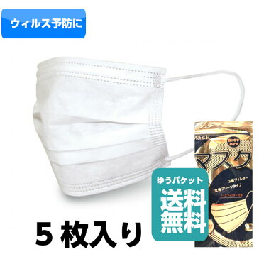 マスク 5枚入り 3層フィルター 立体プリーツタイプ 白（ゆうパケット送料無料）(在庫限り)花粉や　ウィルス対策に インフルエンザ コロナ 風邪 予防（RSL）