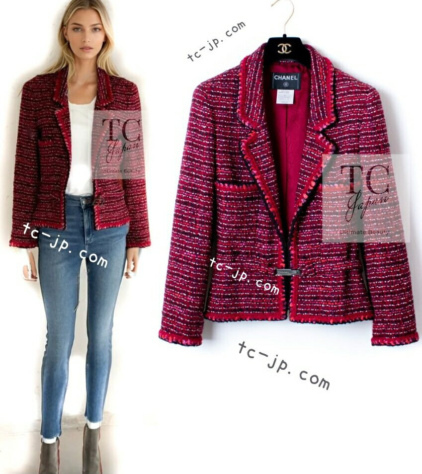 [中古] シャネル ジャケット CHANEL 47万 レッド ピンク ウール ツイード カール・ラガーフェルド作品 ヴィンテージ 貴重 超美品 34 36