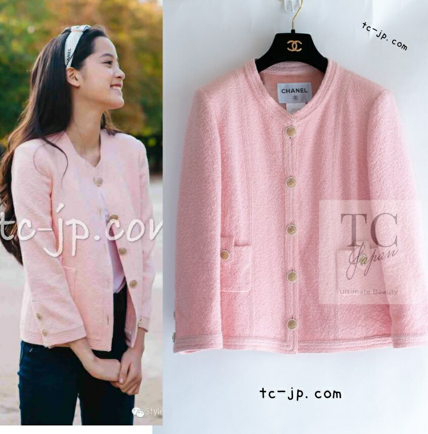 [中古] シャネル ジャケット CHANEL 一番人気 ピンク 豪華 CC パール ボタン コットン ツイード カールラガーフェルド 美人見え 貴重 超美品 34のサムネイル