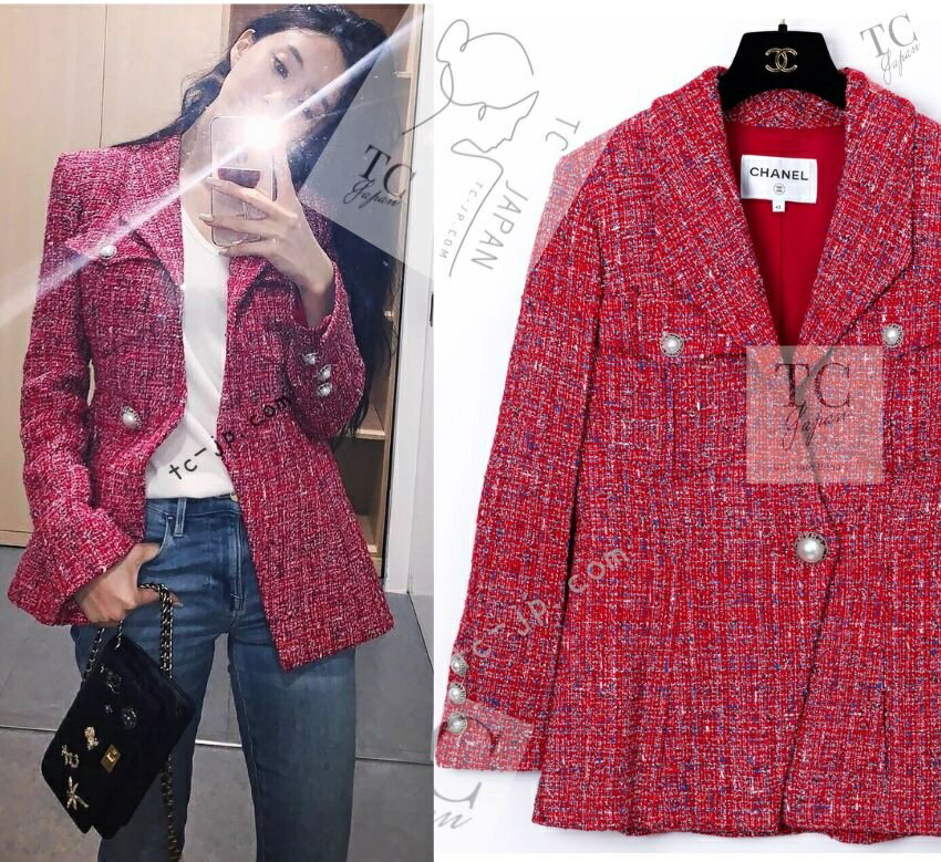 [中古] シャネル ジャケット CHANEL 80万 レッド パール ロゴ ボタン コットン ツイード 美人見え カールラガーフェルド 超美品 40 42