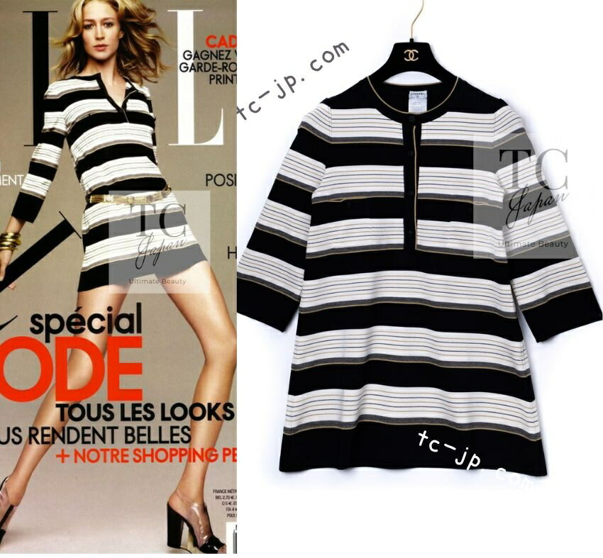 [中古] シャネル チュニックトップス CHANEL ベージュ アイボリー ブラック メタリック ストライプ 春夏 シルク カール・ラガーフェルド 超美品 40 ランウェイ登場