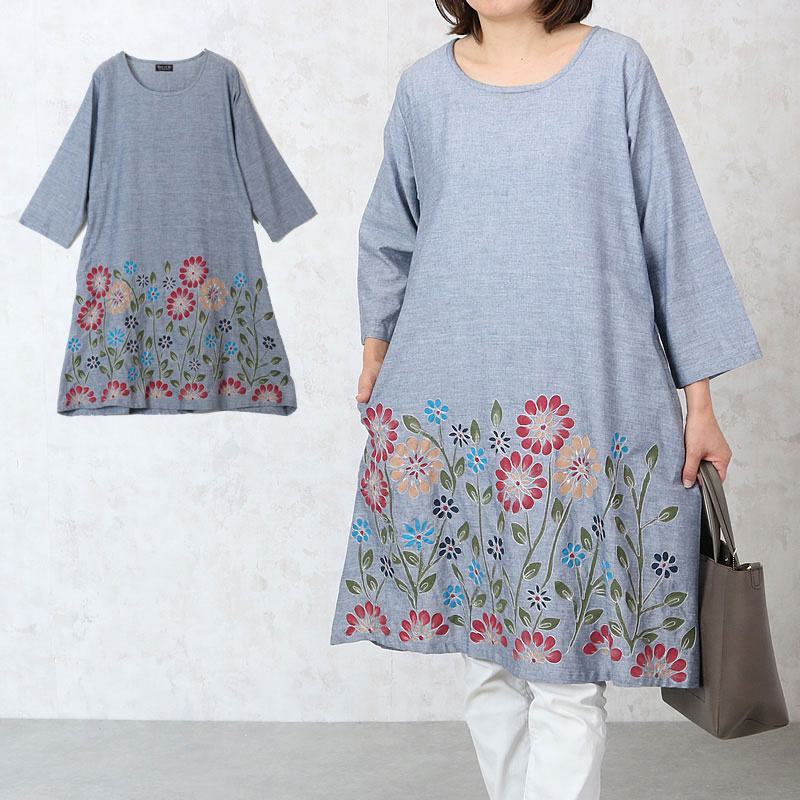 手描刺しゅう七分袖ワンピース シニアファッション レディース 70代 80代 60代 90代 春夏 高齢者 服 おばあちゃん 誕生日 ミセス 女性 婦人 プレゼント 母の日 プレゼント 実用的のサムネイル