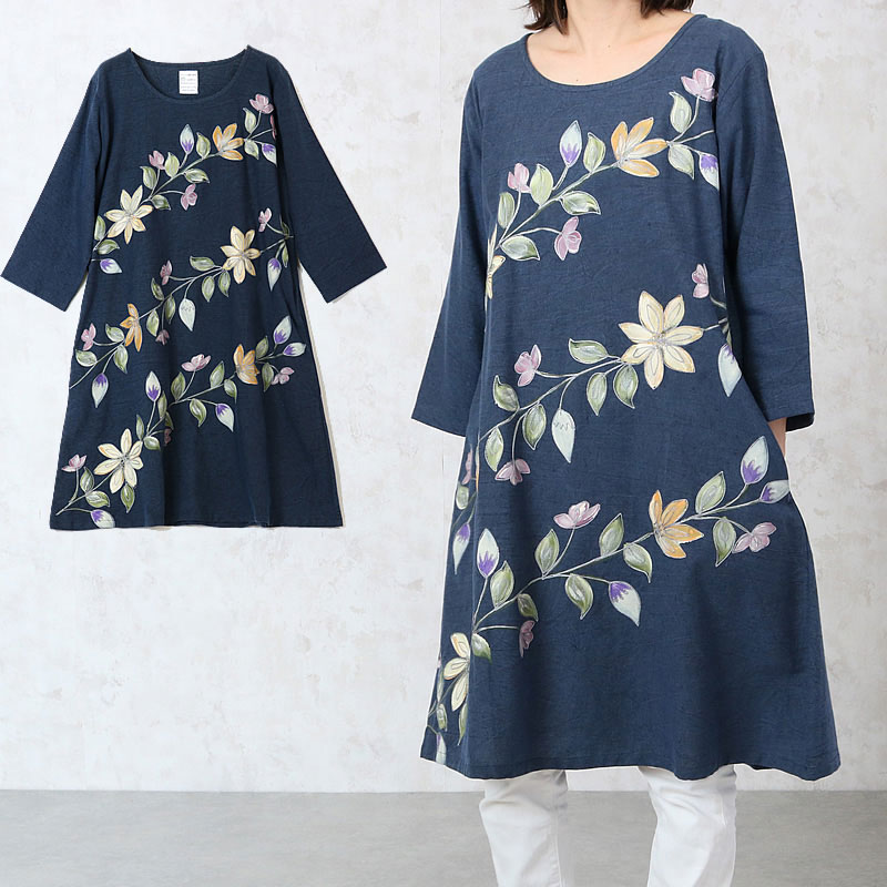 手描刺しゅう七分袖ワンピース シニアファッション レディース 70代 80代 60代 90代 春夏 高齢者 服 おばあちゃん 誕生日 ミセス 女性 婦人 プレゼント 母の日 プレゼント 実用的のサムネイル