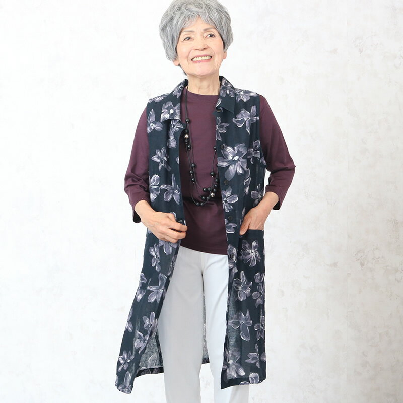 手描き花プリントロングベスト シニアファッション レディース 70代 80代 春夏 高齢者 服 おばあちゃん 誕生日 プレゼント ミセス 女性 婦人 プレゼント ギフト 花以外 造花 カーネーション メッセージカード付き 2021 母の日 プレゼント 実用的のサムネイル