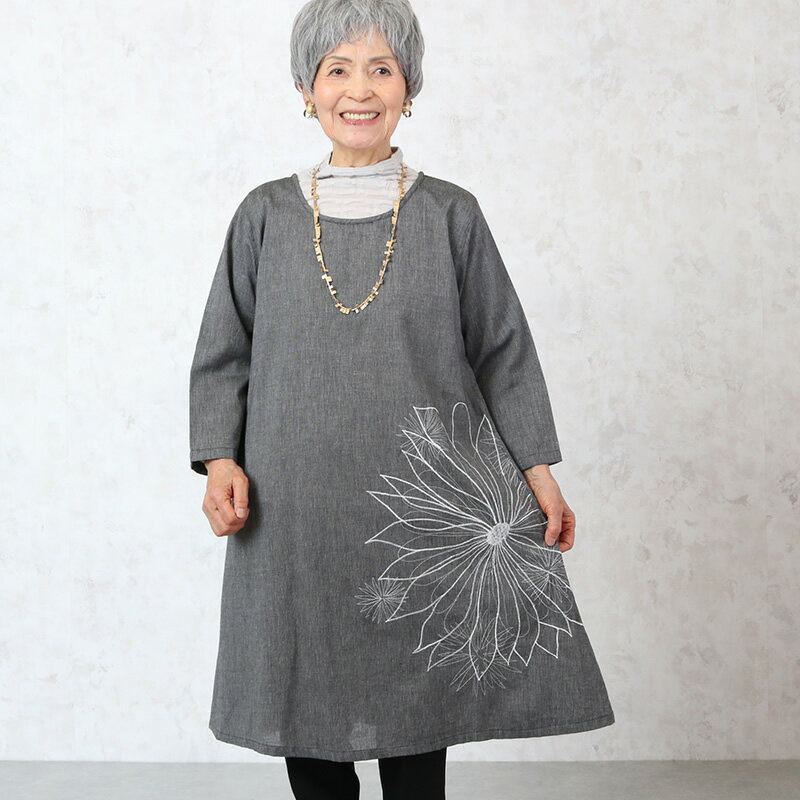 七分袖花刺繍ワンピース シニアファッション レディース 70代 80代 春夏 高齢者 服 おばあちゃん 誕生日 ミセス 女性 婦人 プレゼント 母の日 プレゼント 実用的のサムネイル