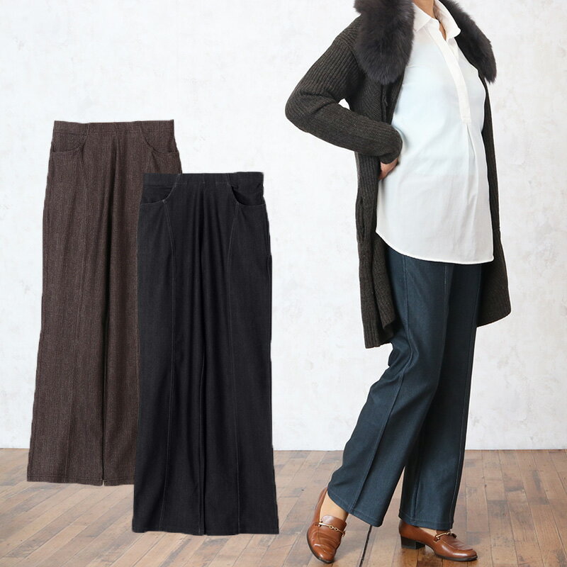 美脚カット 深履き デニムプリント ストレッチパンツ 股下68cm ※取寄せ品 シニアファッション 
