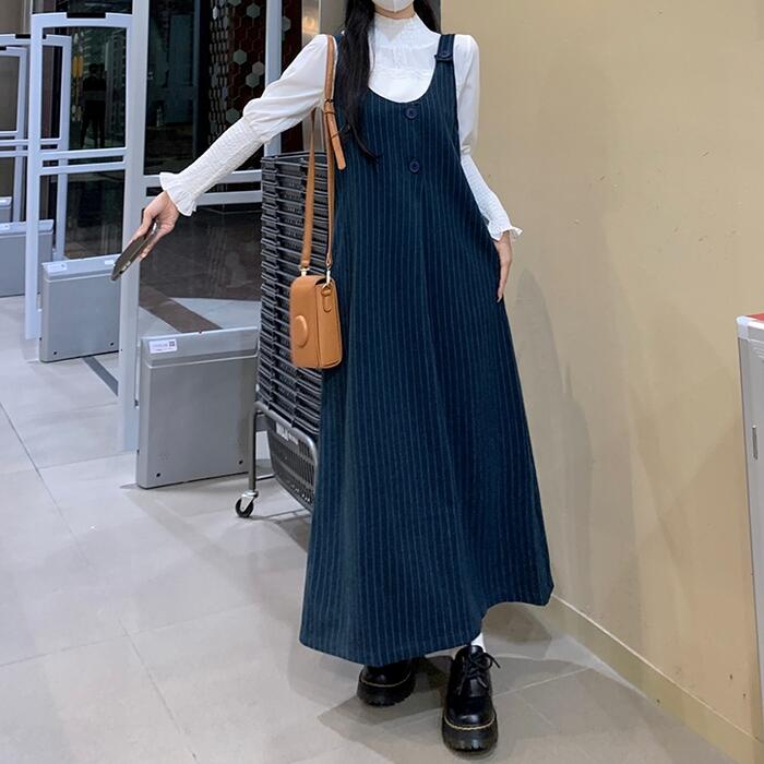 ワンピース ワンピ ドレス ジャンパースカート レイヤード ストライプ レディース エレガント きれいめ カジュアル 大人 可愛い フェミニン ノースリーブ ロング丈 重ね着 青 ブルー オールシーズン 春 秋 冬 20代 30代 40代 50代