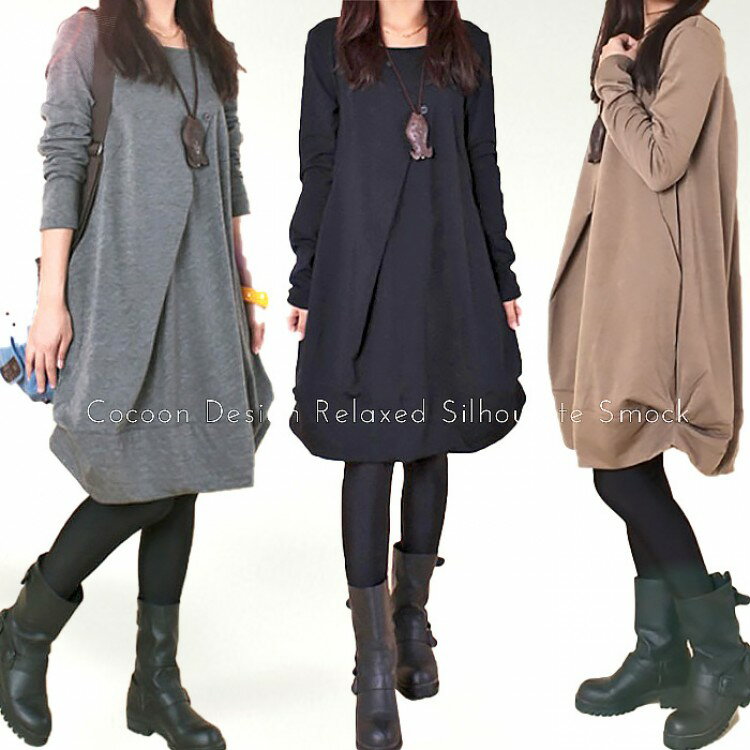 大きいサイズ チュニックワンピース コクーン ワンピ チュニック 長袖 ワンピース きれいめ ゆったり 秋 冬 春 aライン 膝丈 体型カバー カジュアル 大人可愛 ふんわり 細見え オフィス