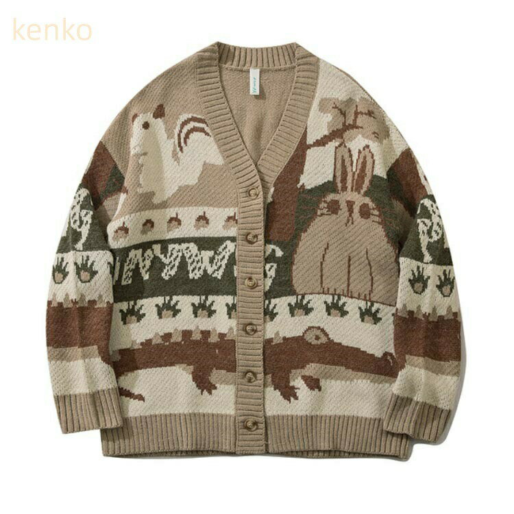 カーディガン 動物柄 ニット メンズ レディース Vネック 秋服 レトロ アニマル柄 カーデ ニットカーディガン 可愛い ワニ ジャガード ウサギ 総柄 冬 秋 春 アウター オーバーサイズ ゆったり 秋物 羽織り 大人 カジュアル おしゃれ ライトアウター 大きいサイズ