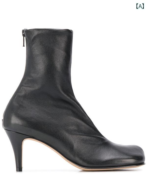 ブーツ ソフト シープスキン アシンメトリー スクエアトゥ ハイヒール 後ろジッパー付 ショート丈 ブーティ カジュアル 伸縮性 快適 万能 秋冬 レディース 軽量 通勤 日常使い パーティ