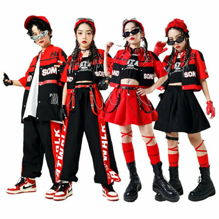 キッズダンス ブラック 赤 黒 レーシング ダンス衣装 子供服 ヒップホップ セットアップ ブ 半袖 ジャ..