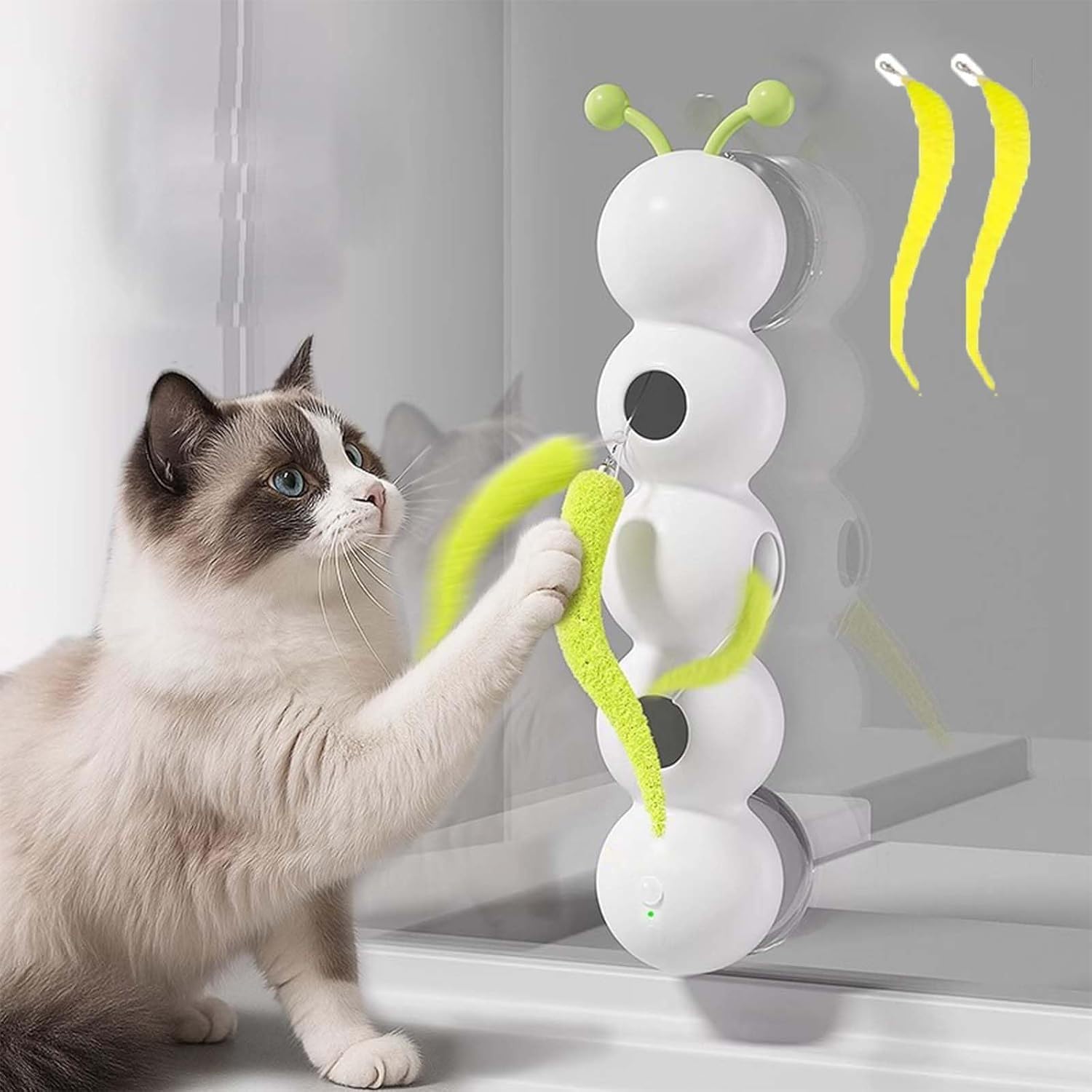 猫おもちゃ 電動 【ゃらし 一人遊び かわいい 円筒形のキャタピラー型電動猫用おもちゃ 2つの大きな吸盤付き USB充電 運動不足解消グッズ ストレス解消 狩猟本能を刺激 ぶら下げる 羽 糸アップグレードされ 耐久性 猫ちゃんへのプレゼント