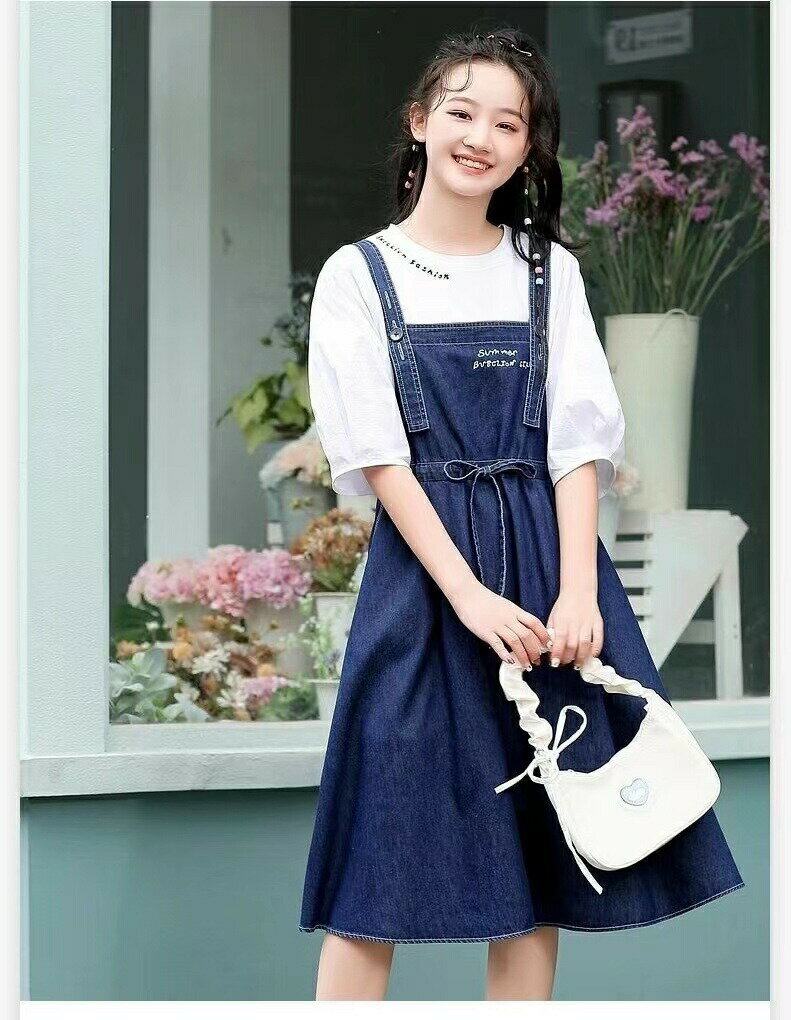 乐天商城 - キッズ 子供服 上下セット セットアップ Tシャツ+ジャンパースカート 2点セット 春夏 デニムワンピース ジャンスカ ジャンパースカート サロペットスカート おしゃれワンピース サロペットワンピース カジュアル 女の子 ゆったり 可愛い 半袖 薄手 KSFC054(2色140-170）