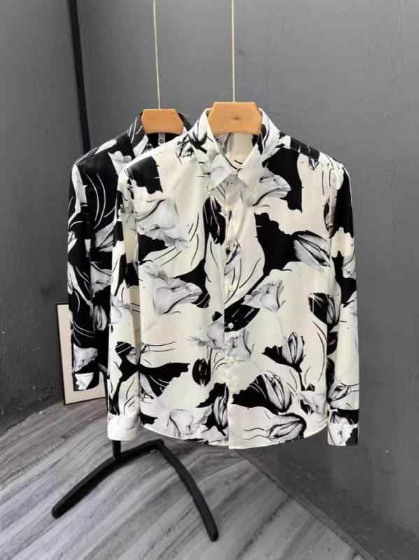 乐天商城 - メンズ シャツ トップス 春秋 長袖 フラワー柄 ポリエステル 接触冷感 薄手 伸縮性 ゆったり 韓流 シンプル スタイリッシュ 痩せ型 クール 質感 休日 カジュアル 個性 日常 白色 黒 グレー