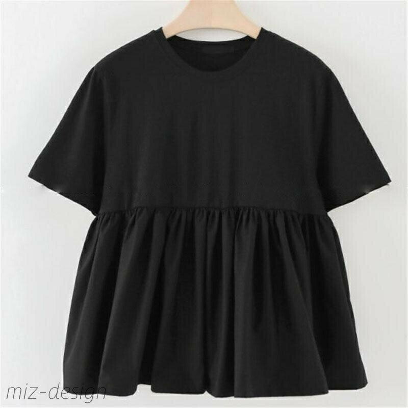 乐天商城 - 【送料無料】おしゃれ かわいい 体型カバー 無地 ギャザー トップス 半袖 レディース フリル カットソー Tシャツ