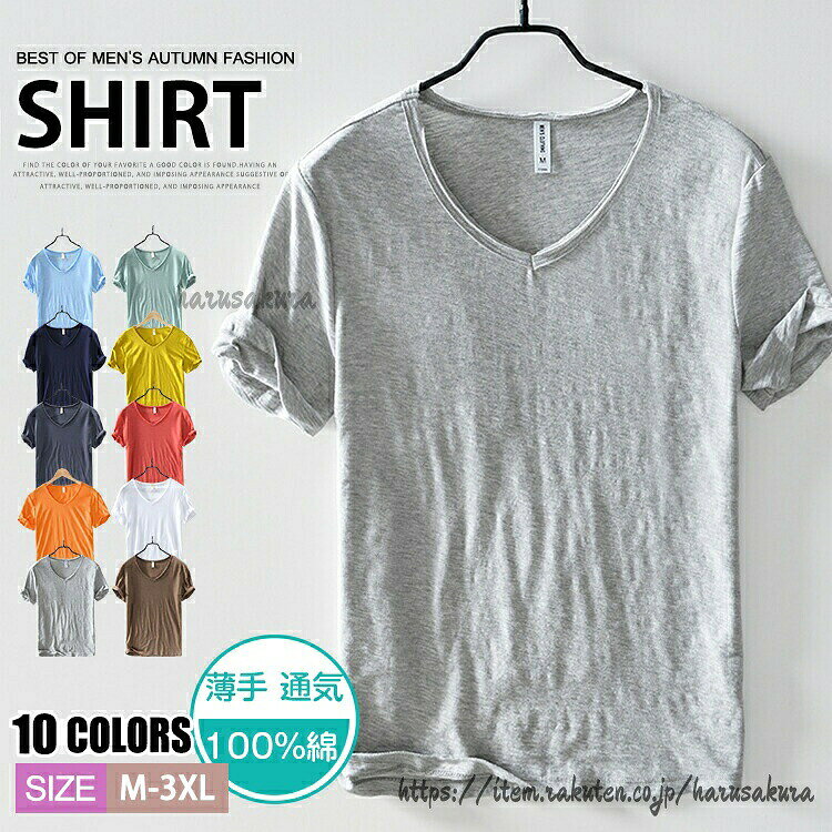 Tシャツ 半袖Tシャツ メンズ コットン100% 無地 薄手 カットソー 夏服 おしゃれ ルームウェア ティーシャツ 綿T 通気性 Vネック