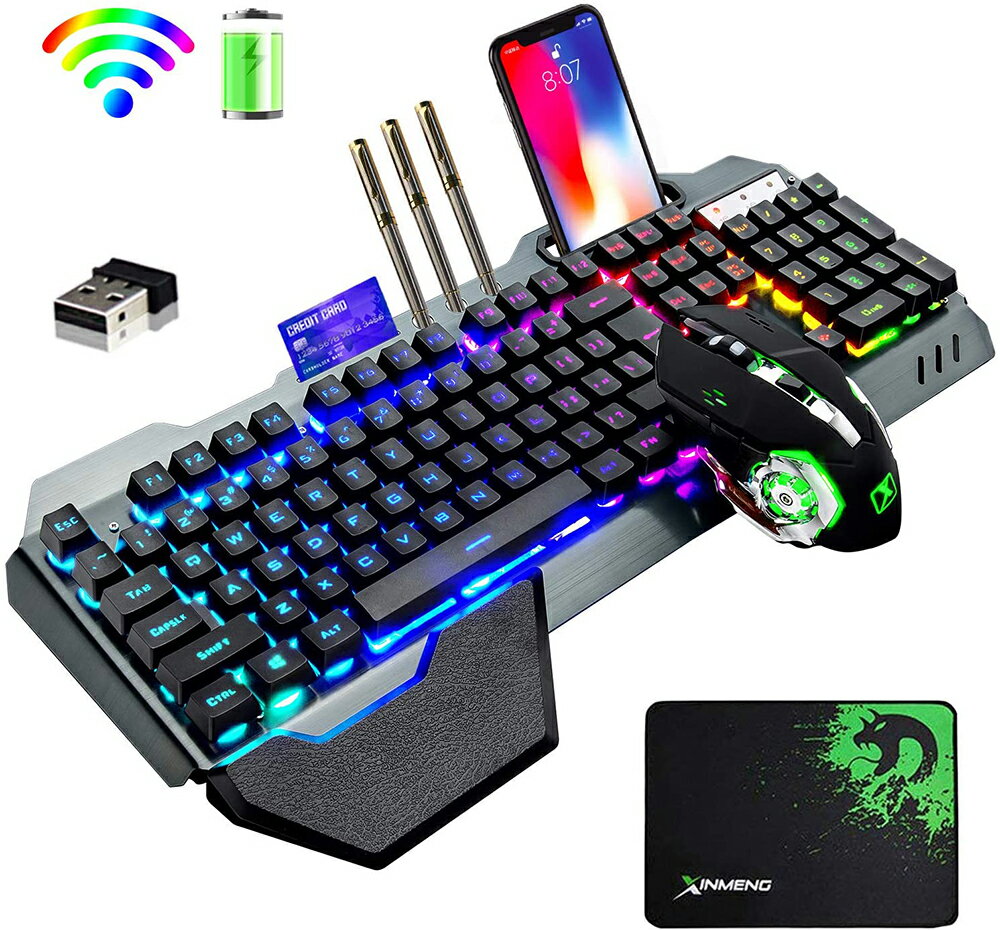 【全国送料無料】ゲーミングキーボードマウスセット リンボーLEDバックライト 3800mAh大容量 2400DPIマウス RGB メタルパネル 充電可能 防水キーボード 2.4GHZワイヤレステクノロジー 6鍵静音マウス＋マウスパッド ブラック