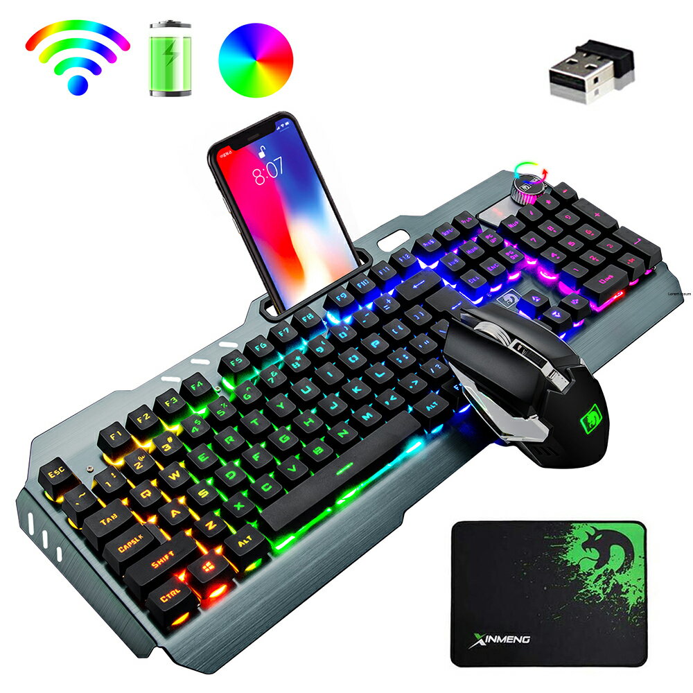 【全国送料無料】ゲーミングキーボードマウスセット、無線キーボード、16RGB LEDバックライト充電式5000mAh大容量、メタルパネル、防水、RGB、2.4GHZワイヤレステクノロジー、7RGBバックライト2400DPIマウス、6鍵静音マウス＋マウスパッド