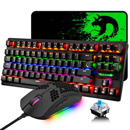 【送料無料】メカニカル UK配列 88キーキーボード 有線 LEDバックライト RGB USB接続 エルゴノミック 防水 完全なアンチゴーストボタン キーキャップ取り外し可能 ゲーマーやタイピストに最適 Type-c 6400DPIゲーミングマウス マウスパット付き PC PS4 スイッチ対応