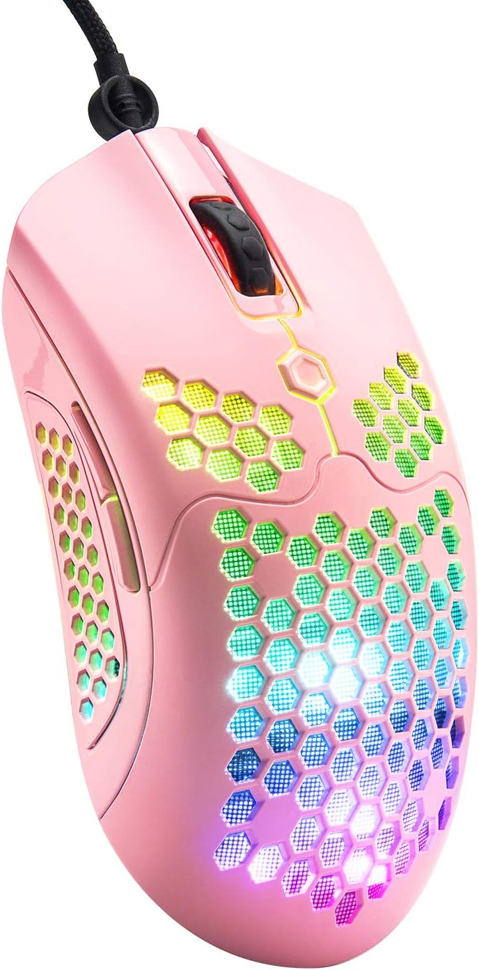 LexonTech ゲーミングマウス 65g 軽量マウス UPDATE技術 RGBライト 有線 プログラマブルドライバー 12000DPI 7鍵 6段調節可能 ハニカムデザイン Pixart Paw3325 (pink)