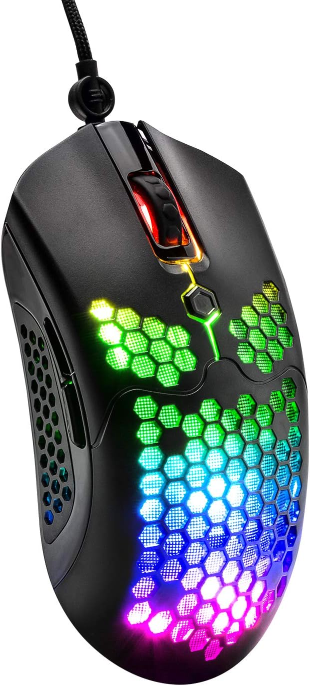 LexonTech ゲーミングマウス 65g 軽量マウス UPDATE技術 RGBライト 有線 プログラマブルドライバー 12000DPI 7鍵 6段調節可能 ハニカムデザイン Pixart Paw3325 (black)