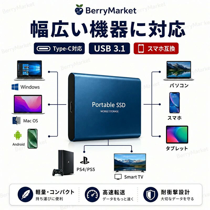 ポータブルSSD 外付けSSD 2TB 4TB USB3.1対応 高速転送 耐衝撃 静音 超薄型 コンパクト 小型 外付けハードディスク PC スマホ対応 大容量 ポータブルストレージ
