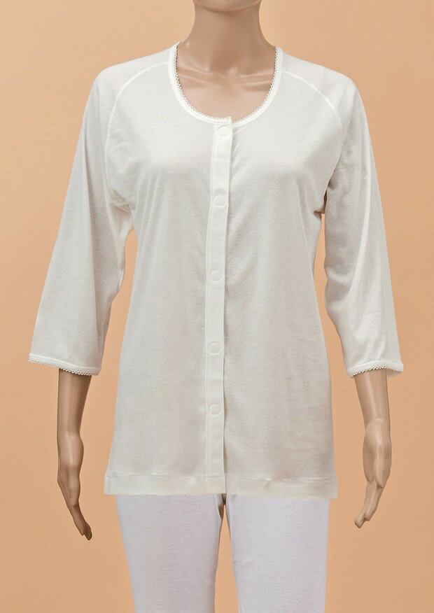 【神戸生絲】ひば前開き7分袖（ラグラン袖）婦人用 オフホワイト LL HV203 921112