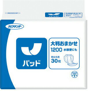 製品仕様 商品名 大判おまかせ1200　水便にも サイズ／寸法 幅38×長さ71cm 袋入 30枚 吸収量 1200cc ご注意事項 モニターの発色の具合によって実際のものと色が異なる場合がございます。ご了承ください。 その他商品説明 ●スピード吸水構造で、尿をすばやく吸収・拡散！ ●水様便透過シートを採用しているので、パッド表面で広がりにくくモレをしっかり防止します ●大きな面積で、多い尿や水様便をしっかり受け止めます。 ●ロング立体ギャザーで、横モレをしっかりブロック。 ●布感覚のやわらかバックシートでお肌にやさしい ※ケース販売もございます。