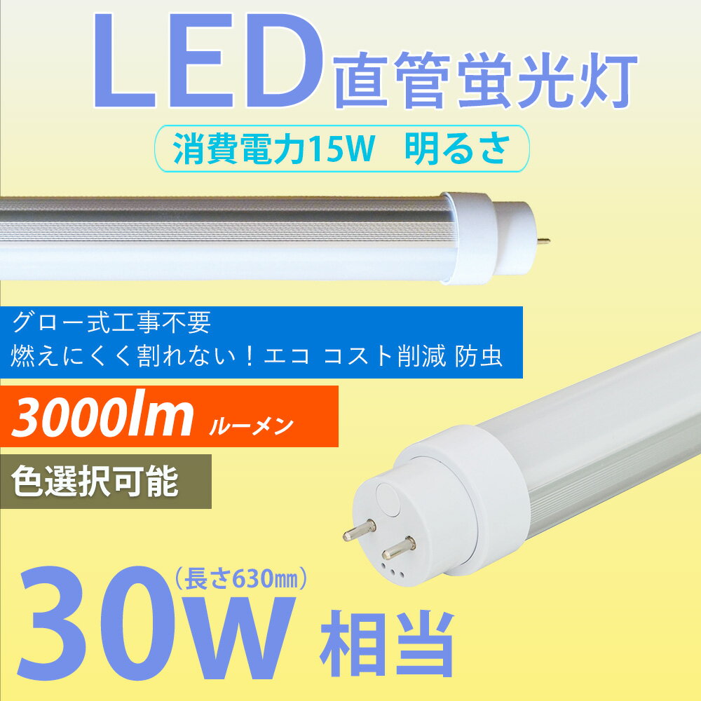 ◆発光均一、演色性が高い 豊田合成製のLED素子を使用することで、色のばらつき、ムラのない安定した光を実現しました。80RA、 物の色が美しく見えるランプです。 ◆省エネ　高効率 消費電力が大幅に低減して、省エネながら明るさアップになります。LED消費電力15wで、30w相当の明るさに達します！1本につき年間、1250円お得。 ◆明るい、高輝度 全光束3000lm、一般の30W型直管堂光灯より約2倍相当明るさ。 ◆環境負荷低減 磁波障害防止対策済　紫外線UVカット機能付き 水銀等の有害物質なし エコ 人体に優しい。 ◆安全 国際環境規格やROHS指令等にも適合しておりますので、安心してご利用いただけます。 電磁波ノイズ対策済み、病院、製薬会社、食品工場、教室、オフィス、家庭必要な場所にもご満足いただけます。 ◆グロースタート方式は工事不要取付可 電源を切断します。安定器　コンデンサ　グロー球、それぞれの配線をカットします。 直接接続します。カットした配線を交流電源と繁ぎ直すだけでLED蛍光灯が点灯します。 ◆取り付けは簡単 グロースターター方式の場合：配線工事は不要です。グロー点灯管を取り外すだけでお使いいただけます。 ラピッドスタート方式：インバーター方式の場合は、直結配線工事が必要です。工事は専門業者に依頼してください。 ◆安心保証 2年保証万が一お届いた商品は不良があったら、すぐ良品で交換します。 ◆用途 明るすぎず柔らかいで、病院、美術館、製薬会社、食品工場、教室、オフィス、美容院、化粧室など人が集まる場所また 応接間、リビングなどの生活空間のライトアップにお勧め 商品名 30形LED蛍光灯 消費電力 15W 全光束 3000LM 色温度 昼白色 発光角度 180度 口金 G13（180度回転でき） カバー色 乳白色 LED素子 144個 演色性 Ra＞80 環境使用温度 -20〜+40℃ 材質 PC +アルミ 定格寿命 50000H 本体サイズ 630*30mm 本体重量 約270G商品名 30形LED蛍光灯 消費電力 15W 全光束 3000LM 色温度 昼白色 発光角度 180度 口金 G13（180度回転でき） カバー色 乳白色 LED素子 144個 演色性 Ra＞80 環境使用温度 -20〜+40℃ 材質 PC +アルミ 定格寿命 50000H 本体サイズ 630*30mm 本体重量 約270G