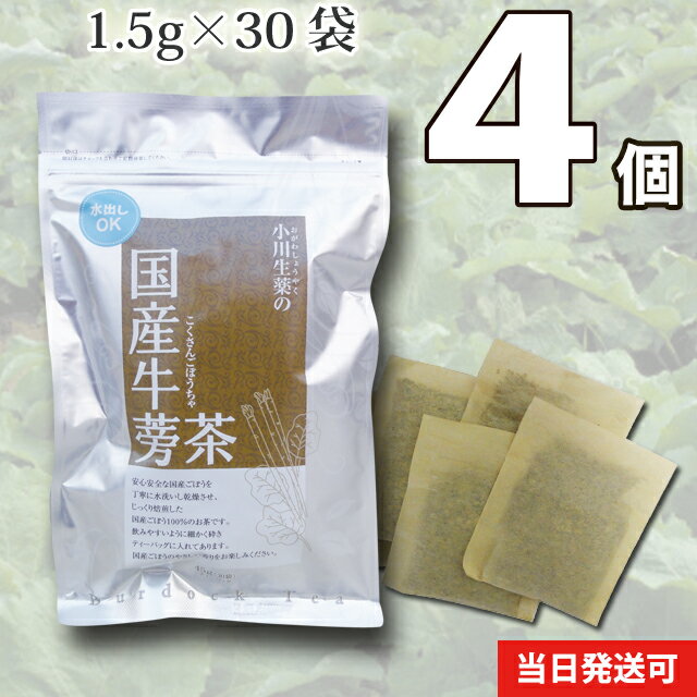【送料無料】 小川生薬 国産ごぼう茶 国産 1.5g×30袋 無漂白ティーバッグ 4個セットさらに2パック入りを2個プレゼント